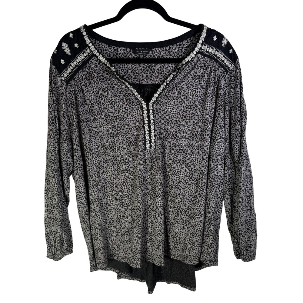 Lucky Brand Womens 3X Black White Medallion Embroidered Split Neck Top Boho